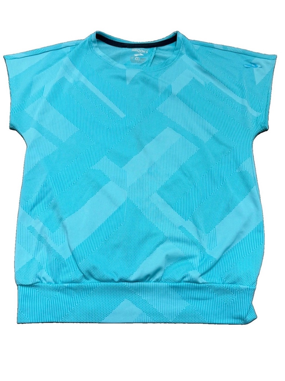Brooks Running Array Shirt Womens XS Turquoise Geometric Open Back Gym Workout